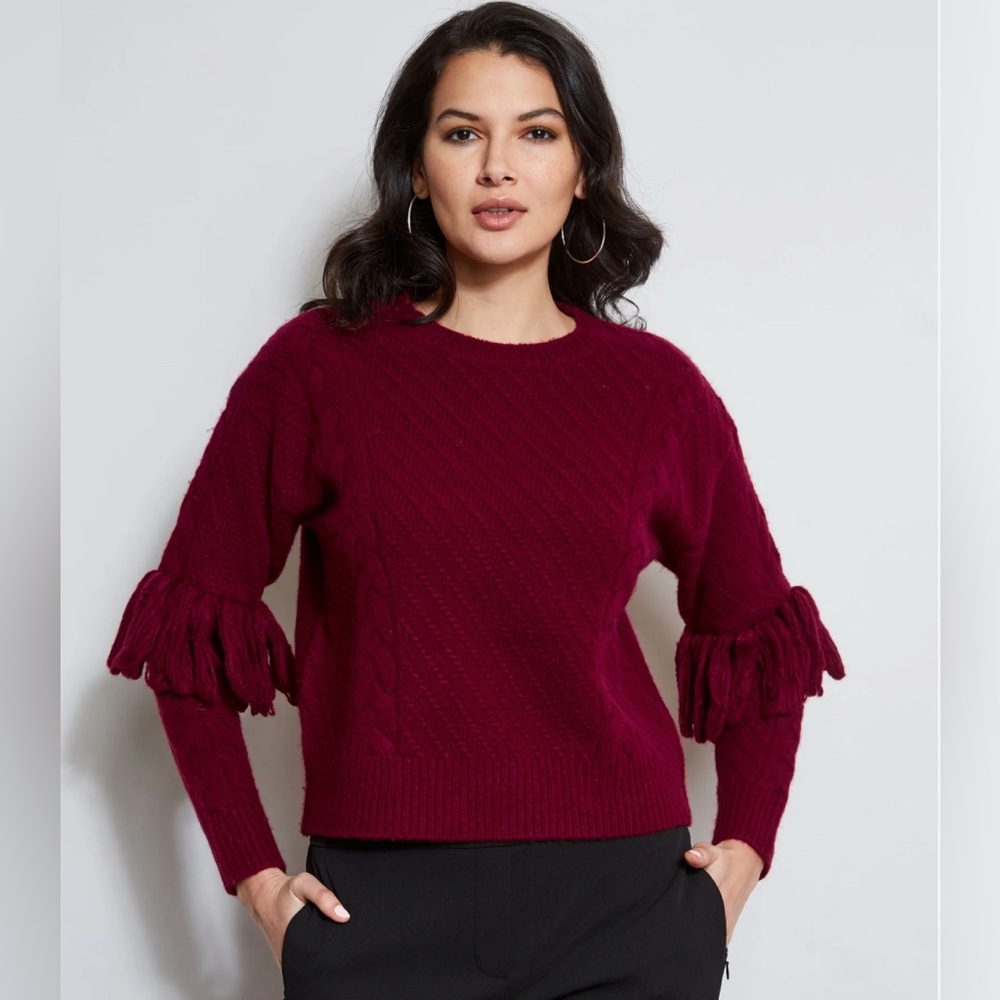 NWT Elie Tahari Cashmere Rich Burgundy Sweater with Fringe Accents